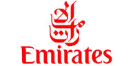 Emirates logo: red emblem above the word Emirates on a dark background
