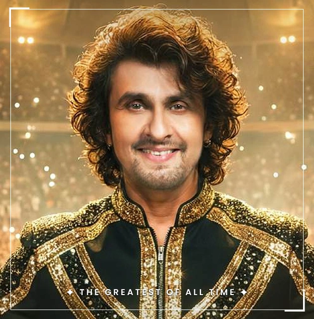 Sonu Nigam - Mann Travel - Mann Travel Smiling man with wavy hair in a gold-sequined jacket on a lit stage; the overlay reads 'THE GREATEST OF ALL TIME'.