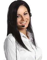 Smiling woman wearing a headset and white blouse, ready to assist customers.
