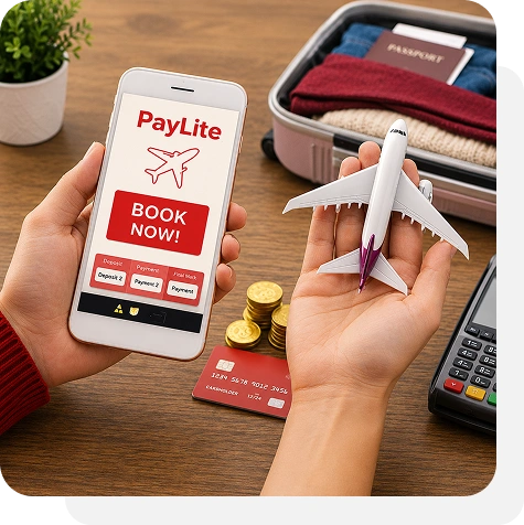 paylite-1 - Mann Travel Smartphone screen shows PayLite app with a red 'BOOK NOW!' button; a paper airplane is held above a travel desk with a suitcase, credit card, and calculator.