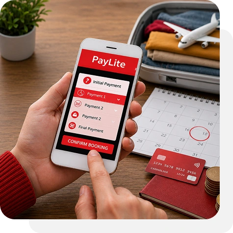 paylite-2 - Mann Travel Person uses a smartphone with the PayLite app to make a payment; a calendar with a circled date and travel cards sit nearby on a travel setup.