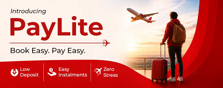 PayLite ad promoting easy travel financing: text reads 'Introducing PayLite' and 'Book Easy. Pay Easy.' with a traveler and plane in a red curved banner.