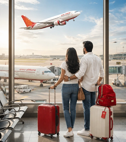 Couple with suitcases watches a plane take off from the airport through large windows at the terminal.