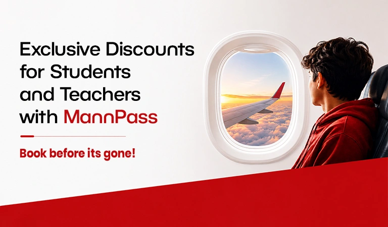 Ad banner for MannPass student discounts; person in a red hoodie looking out an airplane window with sunset, bold text on left.