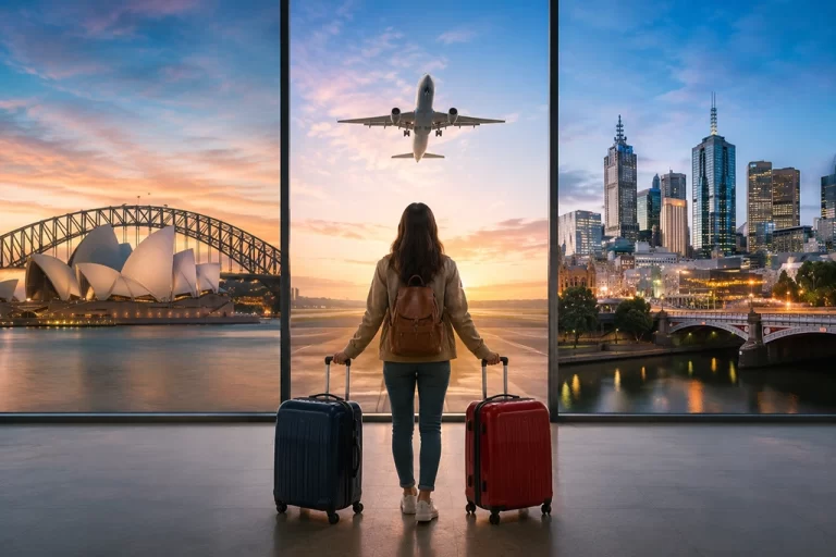Traveler with a backpack and two suitcases stands in an airport, watching a plane descend toward a Sydney skyline at sunset.