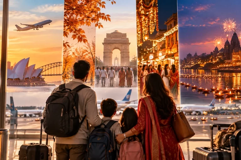 Diwali 2026 Travel from Australia to India Why Oct - Mann Travel A family of four with backpacks and rolling suitcases looks at a large travel montage showing Sydney Opera House, an arch, festive lights, and a fireworks-lit city at sunset.