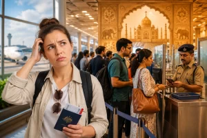 A perplexed woman with a passport in hand stands in a busy airport security or passport control area, with an ornate wall in the background and other travelers in line.