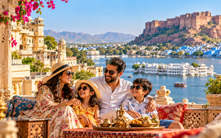 Family of four on a decorated terrace with a lake, boats, and a hilltop fortress in the background, enjoying the view and each other.
