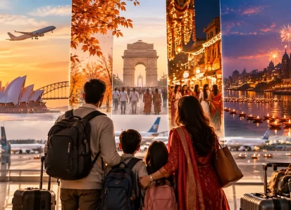 A family of four with backpacks and rolling suitcases looks at a large travel montage showing Sydney Opera House, an arch, festive lights, and a fireworks-lit city at sunset.