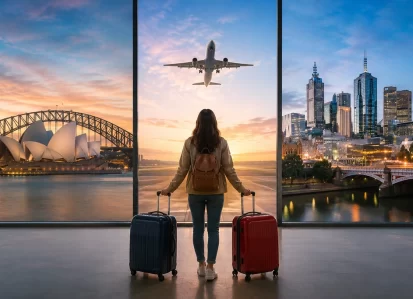 Traveler with a backpack and two suitcases stands in an airport, watching a plane descend toward a Sydney skyline at sunset.