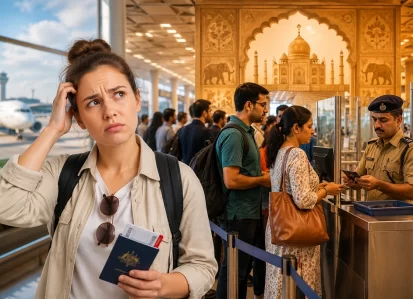 A perplexed woman with a passport in hand stands in a busy airport security or passport control area, with an ornate wall in the background and other travelers in line.