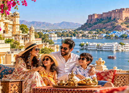 Family of four on a decorated terrace with a lake, boats, and a hilltop fortress in the background, enjoying the view and each other.