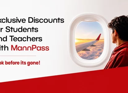Ad banner for MannPass student discounts; person in a red hoodie looking out an airplane window with sunset, bold text on left.