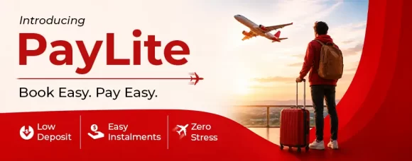 PayLite ad promoting easy travel financing: text reads 'Introducing PayLite' and 'Book Easy. Pay Easy.' with a traveler and plane in a red curved banner.